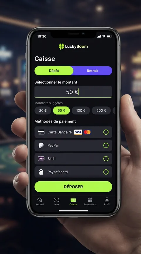 Écran caisse de l'application LuckyBoom : dépôt et retrait
