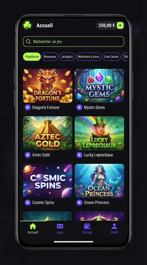 Écran d'accueil de l'application LuckyBoom : recherche et catégories de jeux