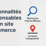 Infographie présentant les 10 fonctionnalités indispensables d’un site e-commerce performant : recherche interne efficace, paiement sécurisé, livraison transparente et avis clients.