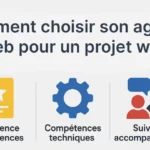 Infographie en français présentant les critères pour choisir une agence web pour un projet stratégique : expérience et références, compétences techniques, suivi et accompagnement.