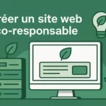 Illustration en français avec le titre « Créer un site web éco-responsable », représentant un écran d’ordinateur affichant une feuille verte, un serveur avec un plant et une ampoule à motif feuille, sur fond vert.