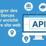 Illustration en français avec le titre « Intégrer des API tierces pour enrichir votre site web », montrant un écran d’ordinateur affichant le mot API et des icônes connectées représentant un CRM, la météo, la cartographie et l’IA.
