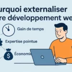 Illustration en français avec le titre « Pourquoi externaliser votre développement web », représentant un professionnel travaillant sur un ordinateur portable, accompagné d’icônes illustrant le gain de temps, l’expertise pointue et l’économie réalisée.