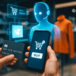Illustration photoréaliste d’un agent IA assistant un utilisateur dans ses achats en ligne avec une carte bancaire et un smartphone, représentant l’agentic commerce et l’agentic SEO.