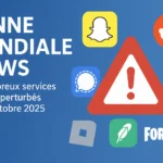 Illustration de la panne mondiale d’AWS du 20 octobre 2025, montrant les logos des services impactés comme Snapchat, Reddit, Signal, Coinbase, Fortnite et Robinhood.Coinbase…)